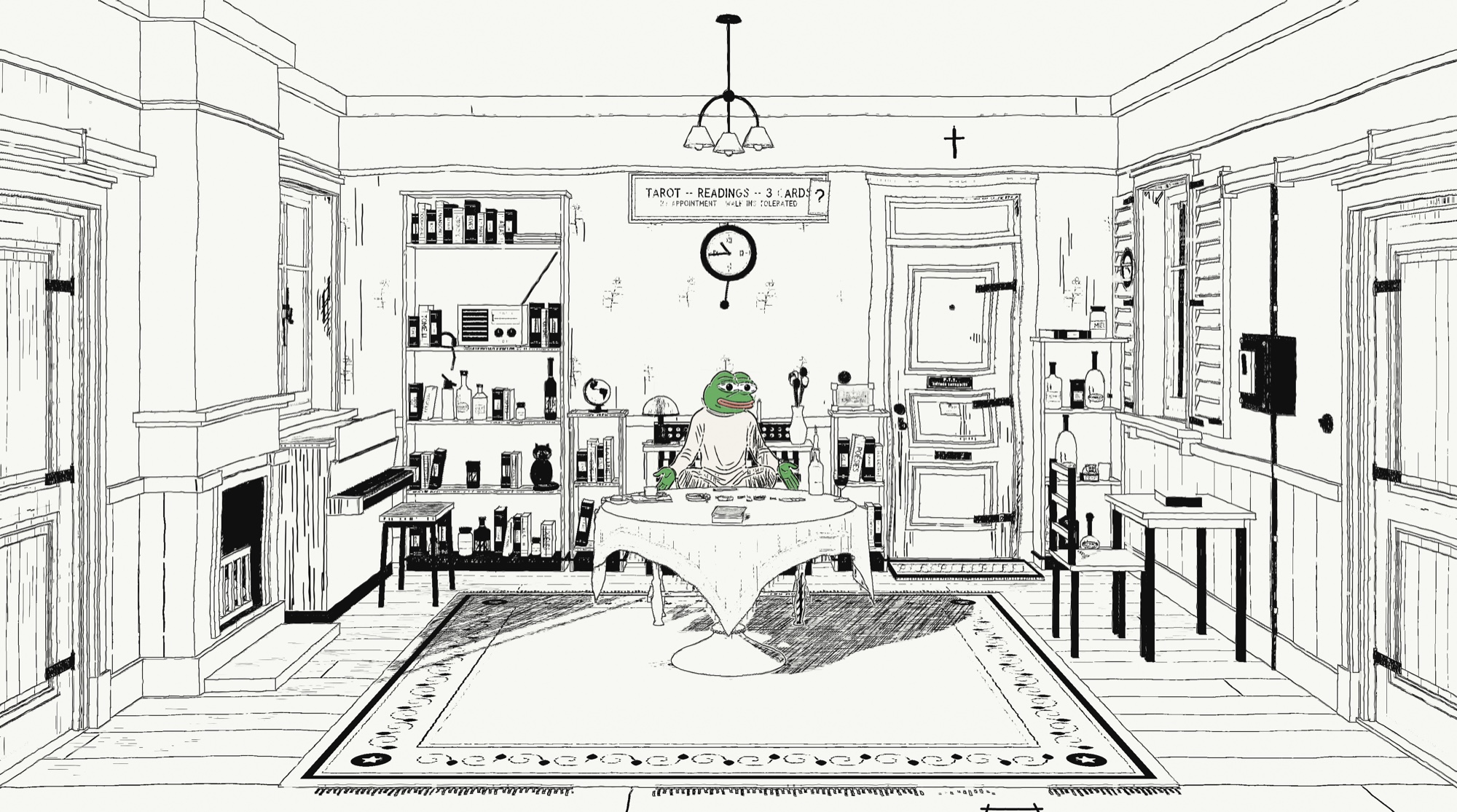tarotpepe interactive mini game website: Pepe at his tarot reading table